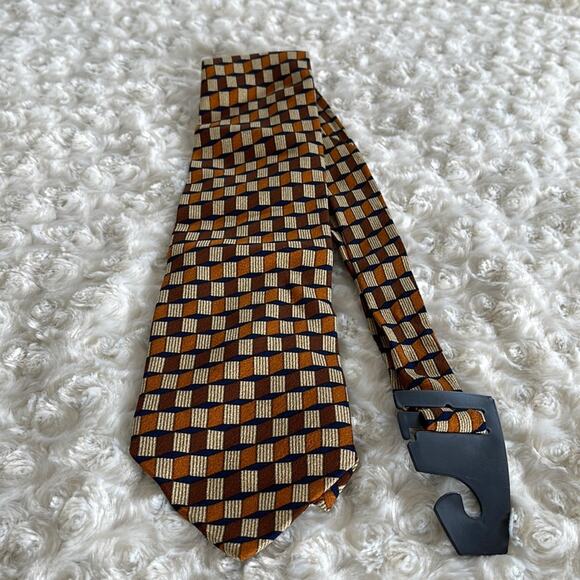 Valentino Cravatte Men’s Silk Tie Geometric Print Tan Brown Blue Made in Italy - Picture 2 of 7